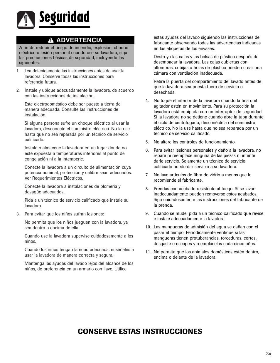 Seguridad, Conserve estas instrucciones, Advertencia | Maytag PAVT234AWW User Manual | Page 35 / 48