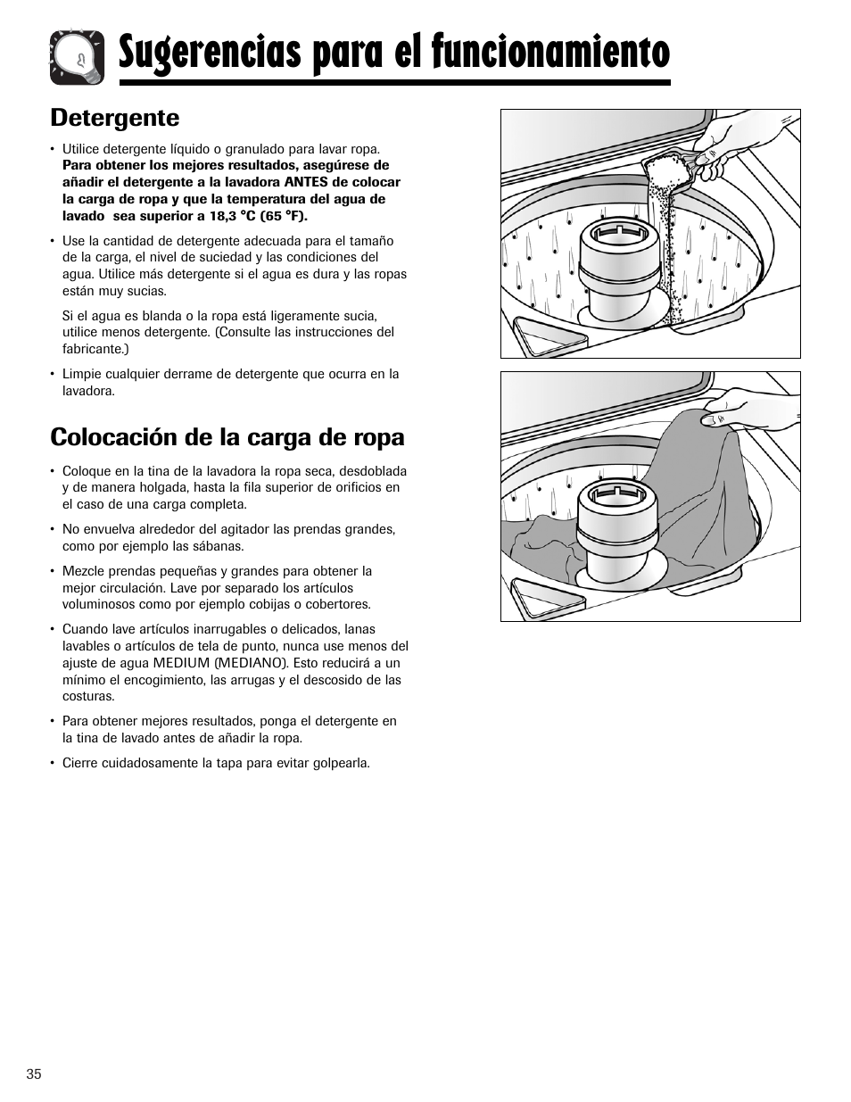 Sugerencias para el funcionamiento, Detergente, Colocación de la carga de ropa | Maytag PAVT234AWW User Manual | Page 36 / 48