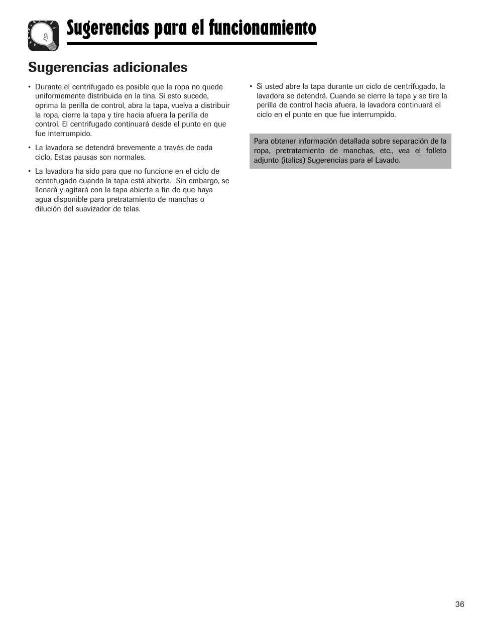Sugerencias para el funcionamiento, Sugerencias adicionales | Maytag PAVT234AWW User Manual | Page 37 / 48