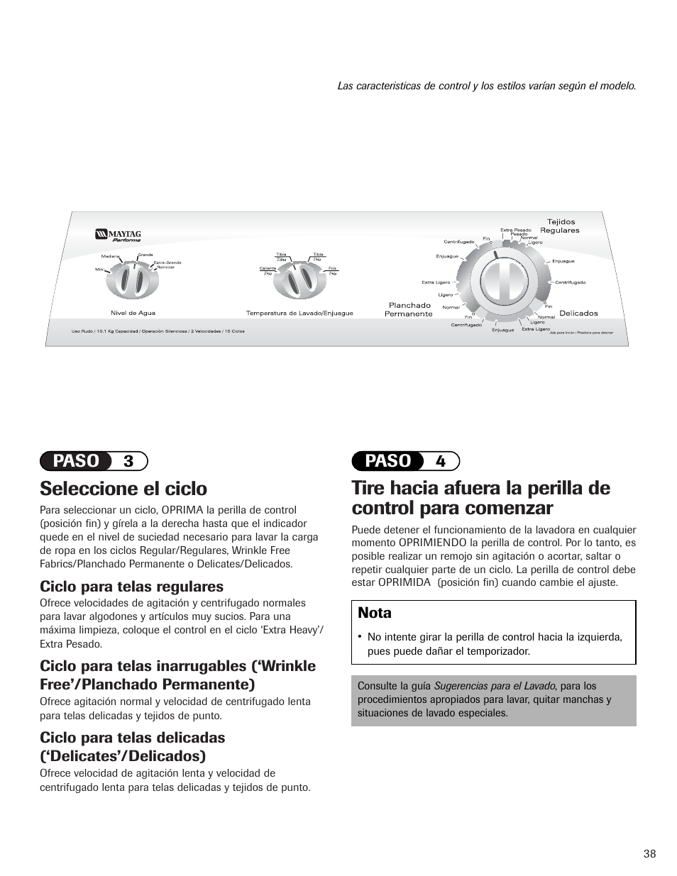 Seleccione el ciclo, Paso 3 paso 4 | Maytag PAVT234AWW User Manual | Page 39 / 48