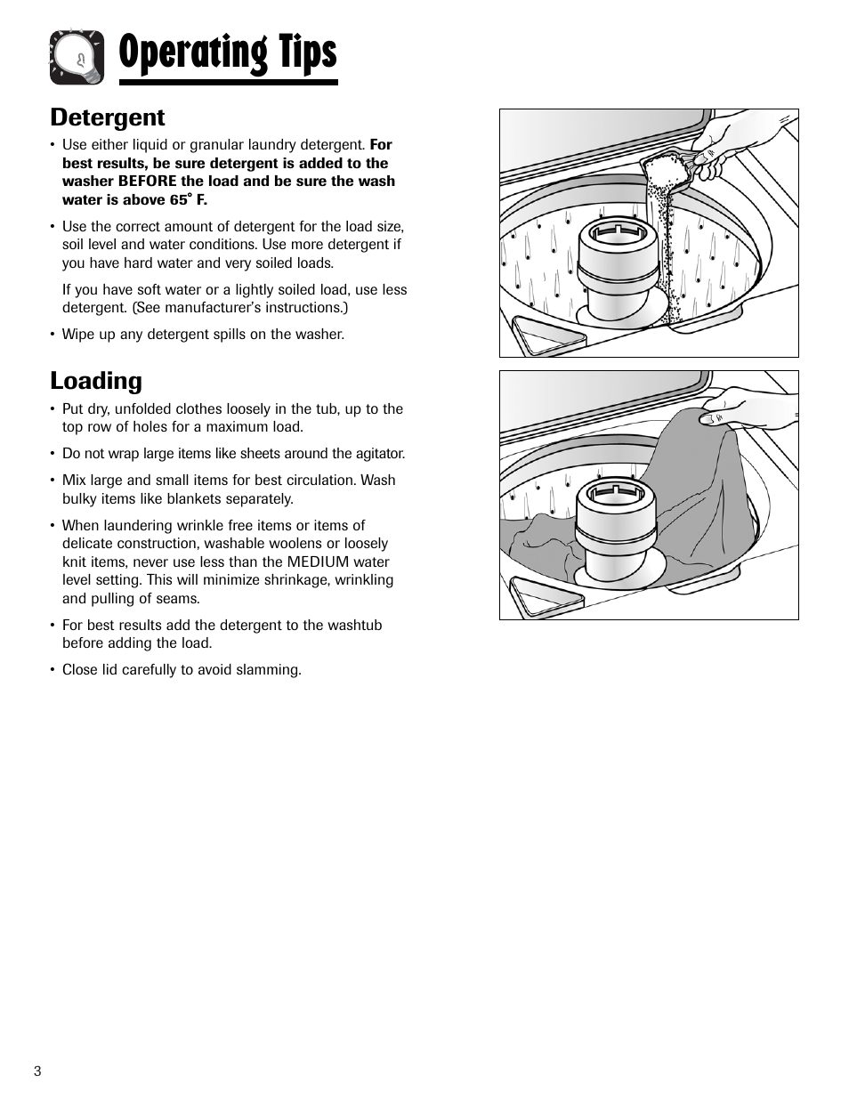 Operating tips, Detergent, Loading | Maytag PAVT234AWW User Manual | Page 4 / 48