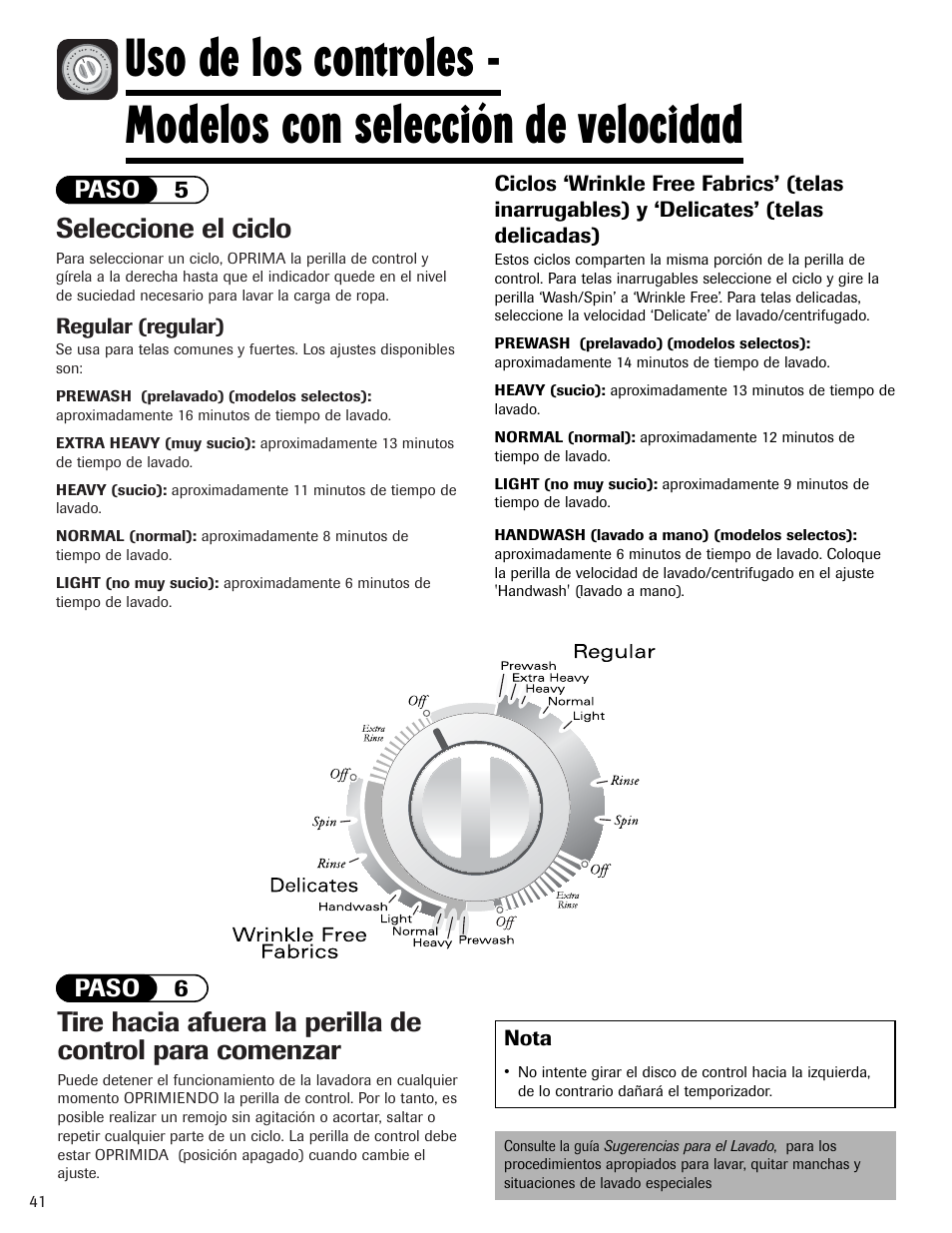 Seleccione el ciclo, Paso 5 paso 6 | Maytag PAVT234AWW User Manual | Page 42 / 48