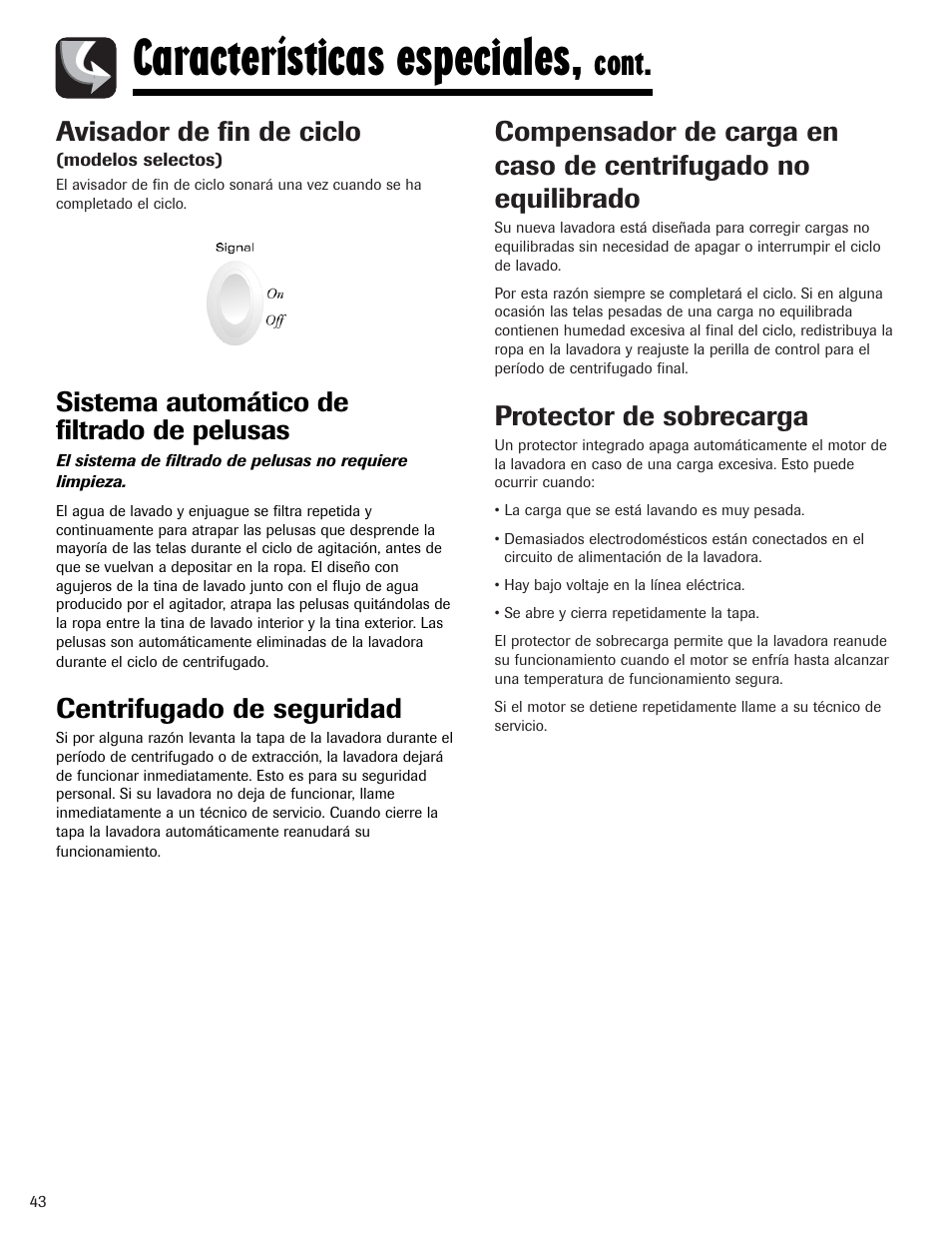 Características especiales, Cont, Avisador de fin de ciclo | Protector de sobrecarga, Sistema automático de filtrado de pelusas, Centrifugado de seguridad | Maytag PAVT234AWW User Manual | Page 44 / 48