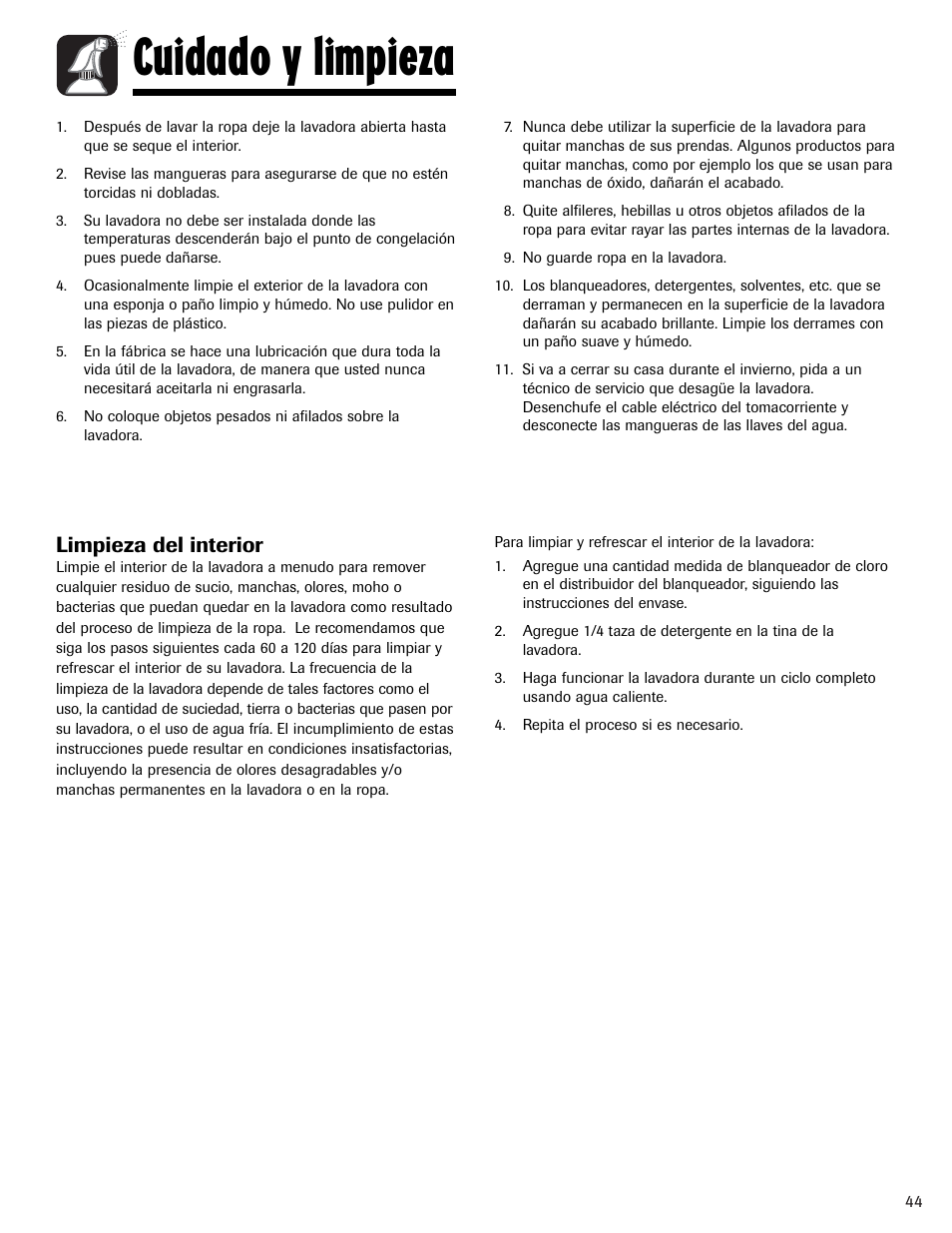 Cuidado y limpieza, Limpieza del interior | Maytag PAVT234AWW User Manual | Page 45 / 48