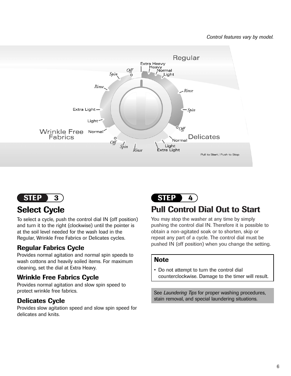 Pull control dial out to start, Select cycle, Step 3 step 4 | Maytag PAVT234AWW User Manual | Page 7 / 48