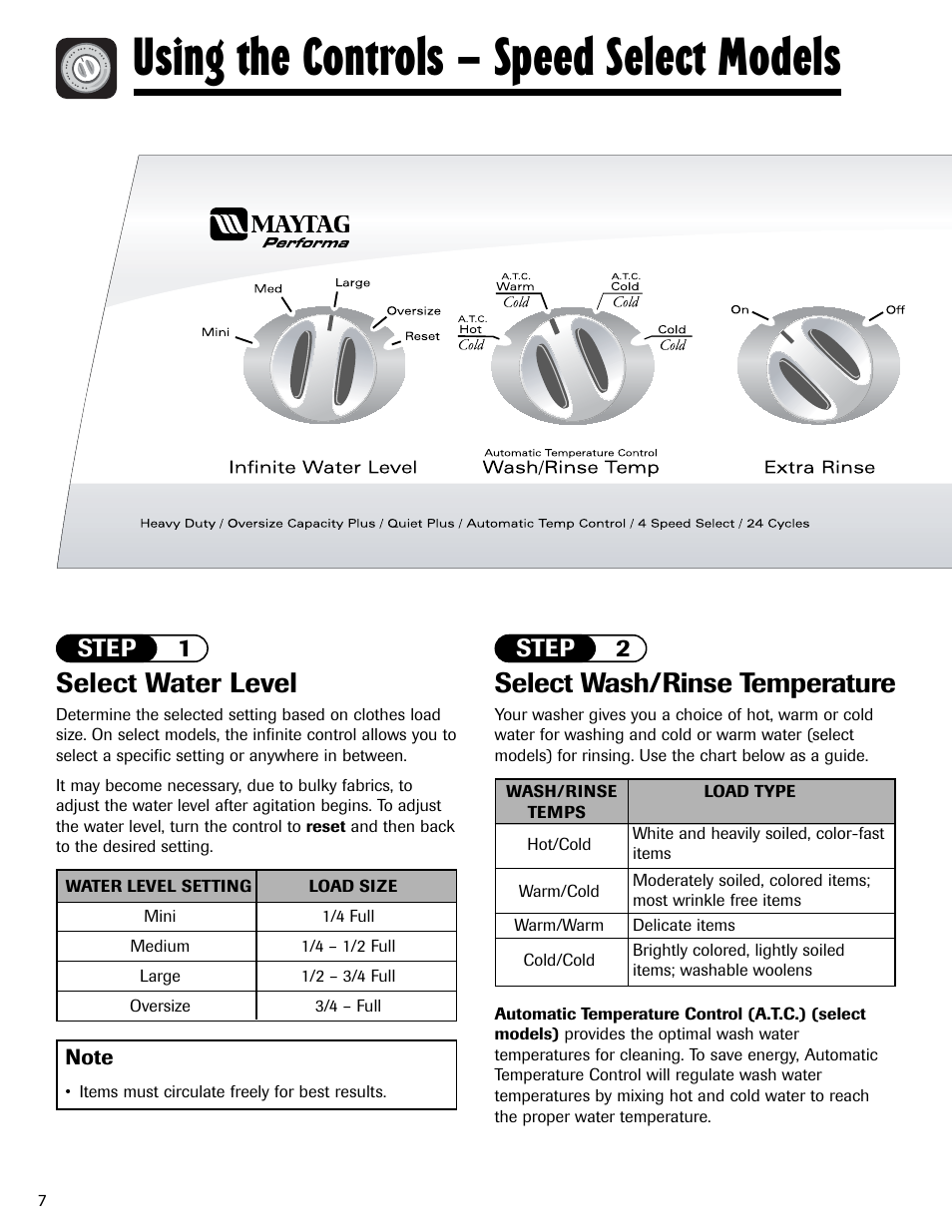 Using the controls – speed select models, Select water level, Select wash/rinse temperature | Step 1 step 2 | Maytag PAVT234AWW User Manual | Page 8 / 48