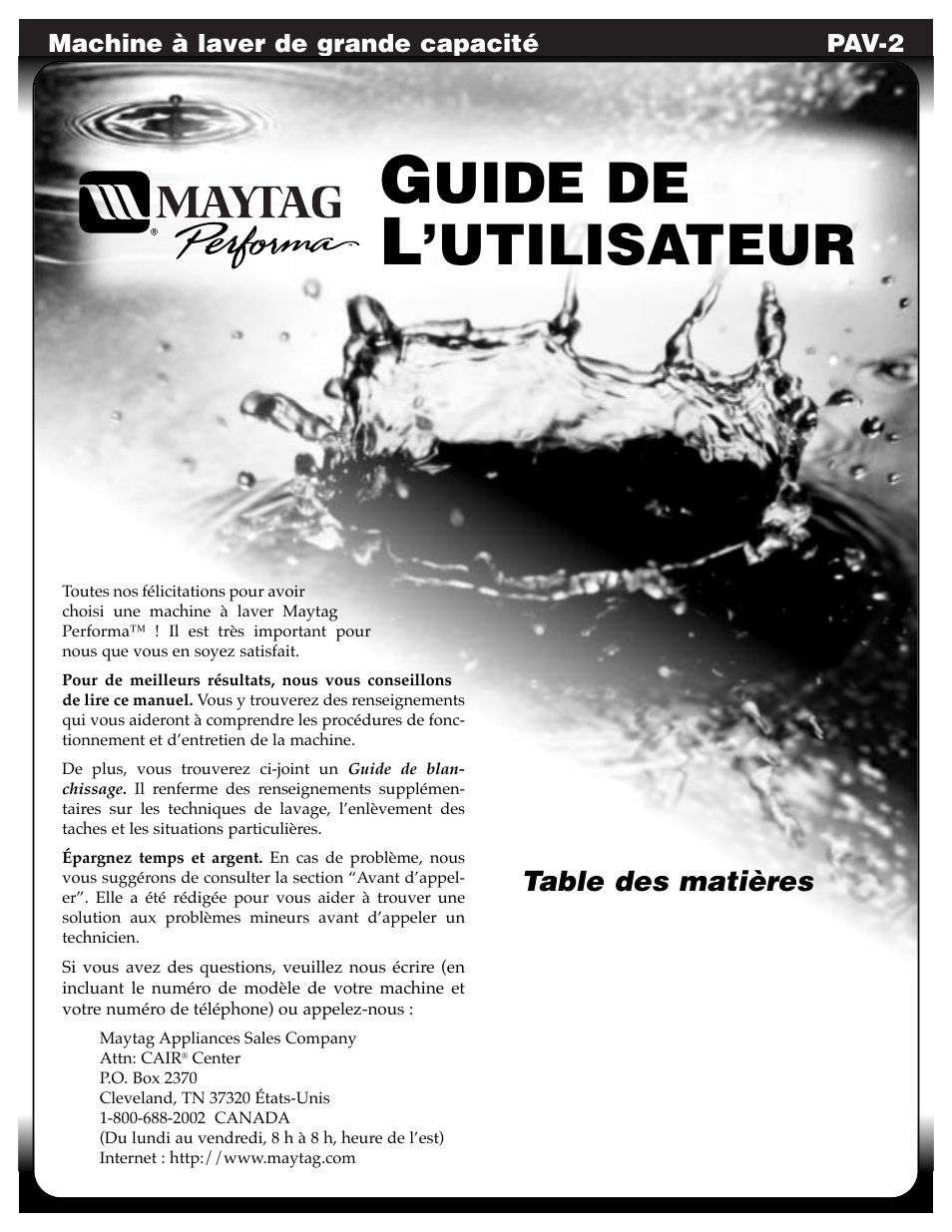 Uide de, Utilisateur | Maytag PAV5000AWW User Manual | Page 11 / 28