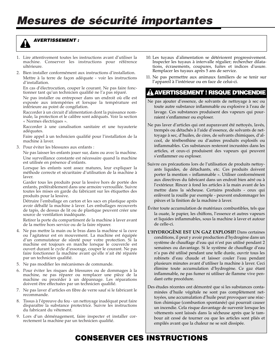 Mesures de sécurité importantes, Conserver ces instructions, Avertissement ! risque d’incendie | Maytag PAV5000AWW User Manual | Page 12 / 28