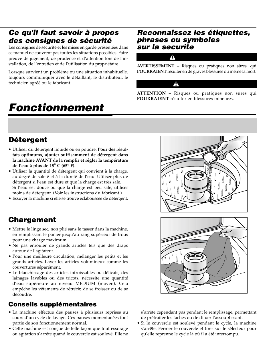 Fonctionnement, Chargement, Détergent | Conseils supplémentaires, Avertissement attention | Maytag PAV5000AWW User Manual | Page 13 / 28