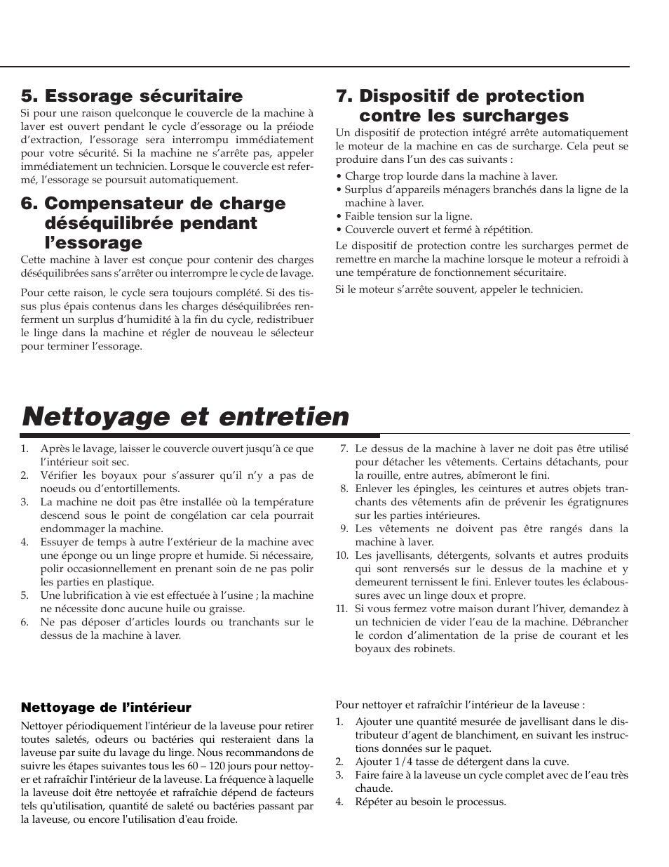 Nettoyage et entretien, Dispositif de protection contre les surcharges, Essorage sécuritaire | Maytag PAV5000AWW User Manual | Page 17 / 28