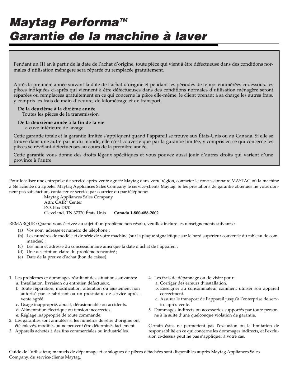 Maytag performa, Garantie de la machine à laver | Maytag PAV5000AWW User Manual | Page 19 / 28