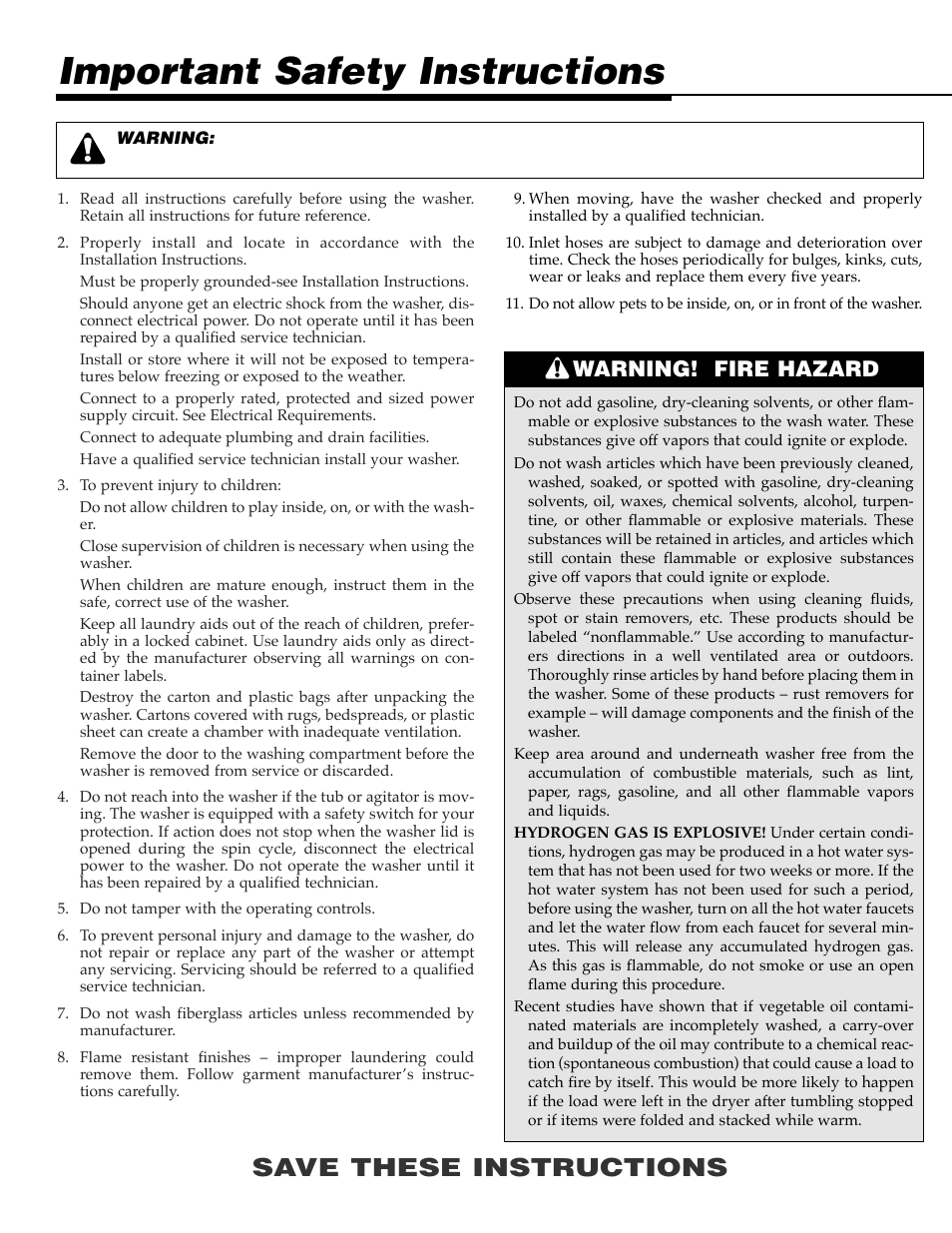 Important safety instructions, Save these instructions, Warning! fire hazard | Maytag PAV5000AWW User Manual | Page 2 / 28