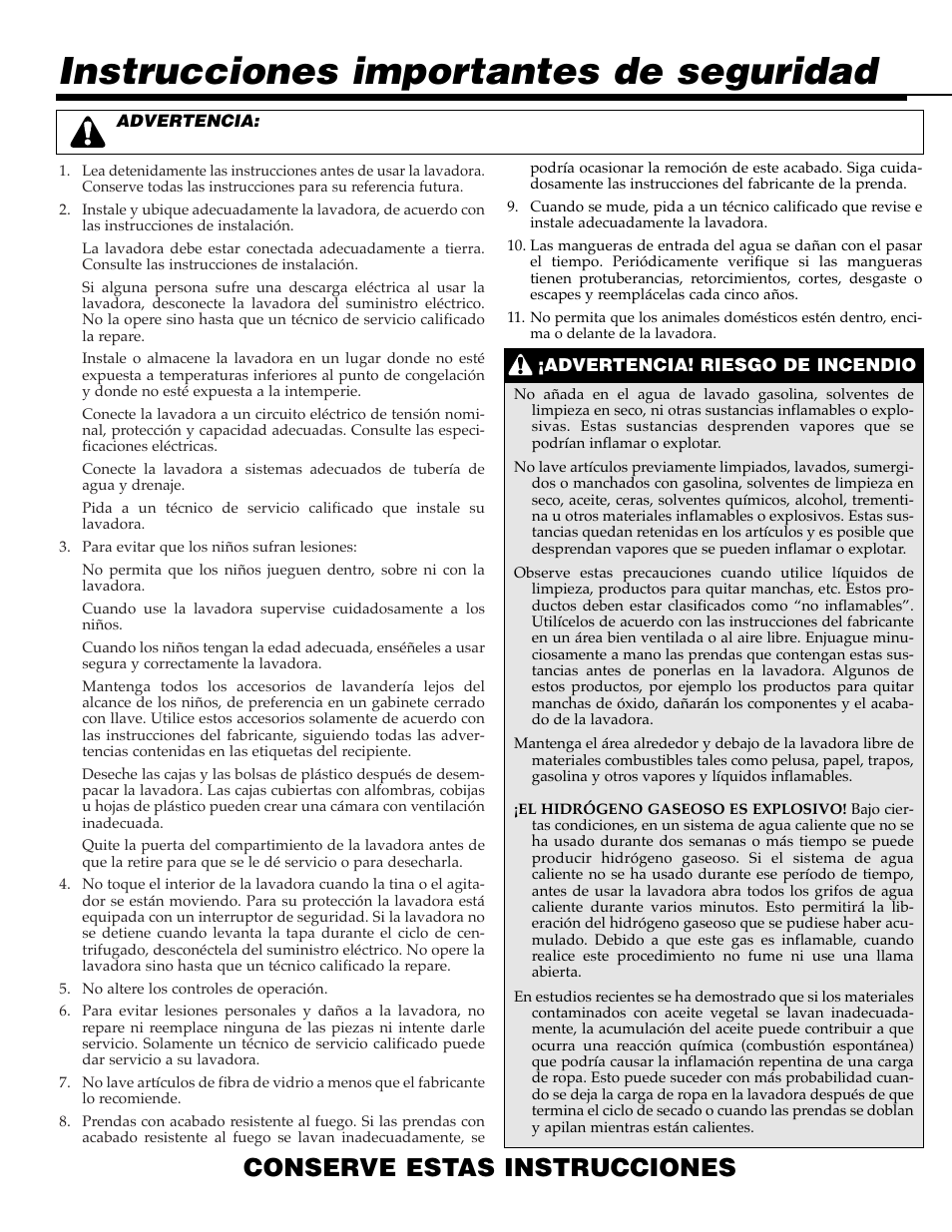 Instrucciones importantes de seguridad, Conserve estas instrucciones | Maytag PAV5000AWW User Manual | Page 22 / 28