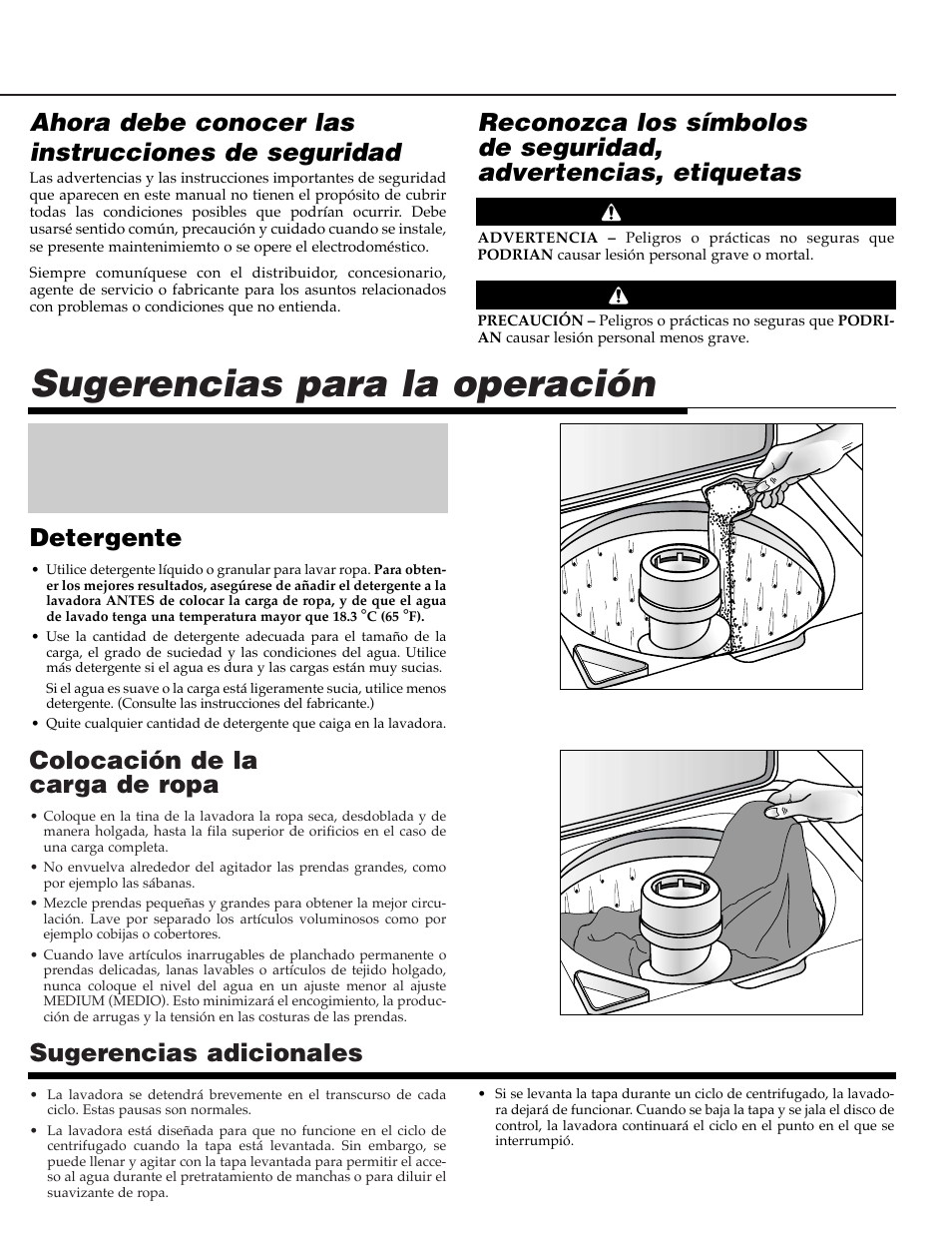 Sugerencias para la operación, Colocación de la carga de ropa, Sugerencias adicionales | Detergente, Ahora debe conocer las instrucciones de seguridad, Advertencia precaución | Maytag PAV5000AWW User Manual | Page 23 / 28