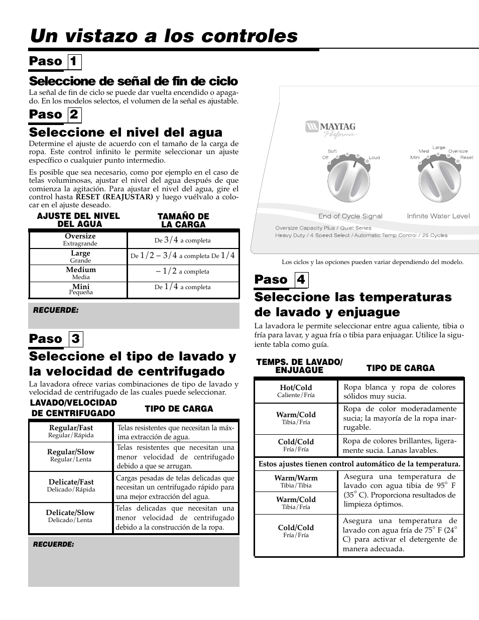 Un vistazo a los controles, Paso 4 paso 2, Seleccione el nivel del agua | Seleccione de señal de fin de ciclo | Maytag PAV5000AWW User Manual | Page 24 / 28