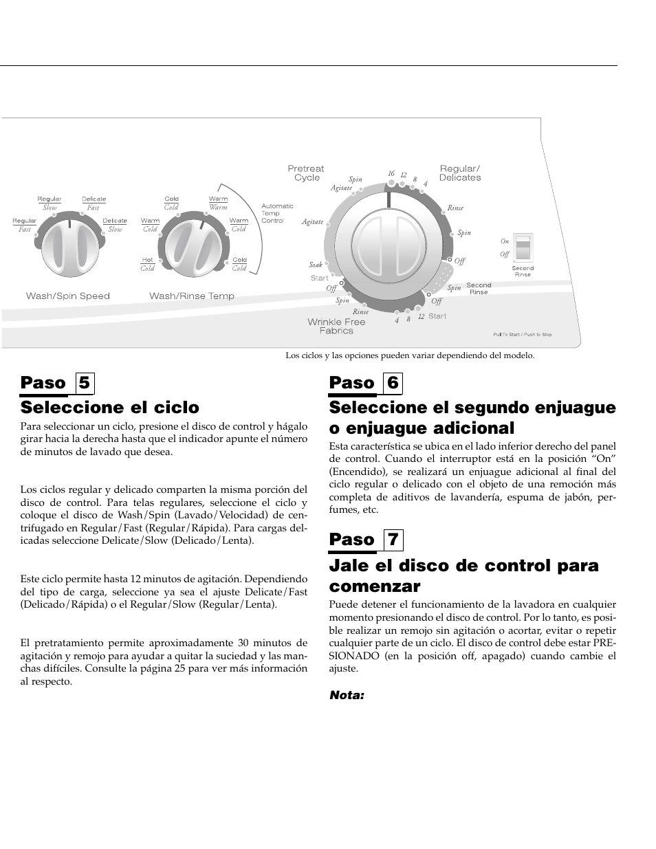 Seleccione el ciclo, Paso 6, Jale el disco de control para comenzar | Paso 7 | Maytag PAV5000AWW User Manual | Page 25 / 28