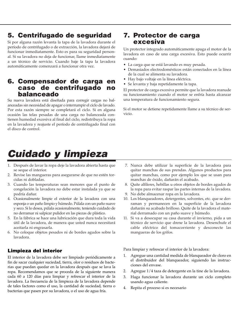 Cuidado y limpieza, Protector de carga excesiva, Centrifugado de seguridad | Maytag PAV5000AWW User Manual | Page 27 / 28