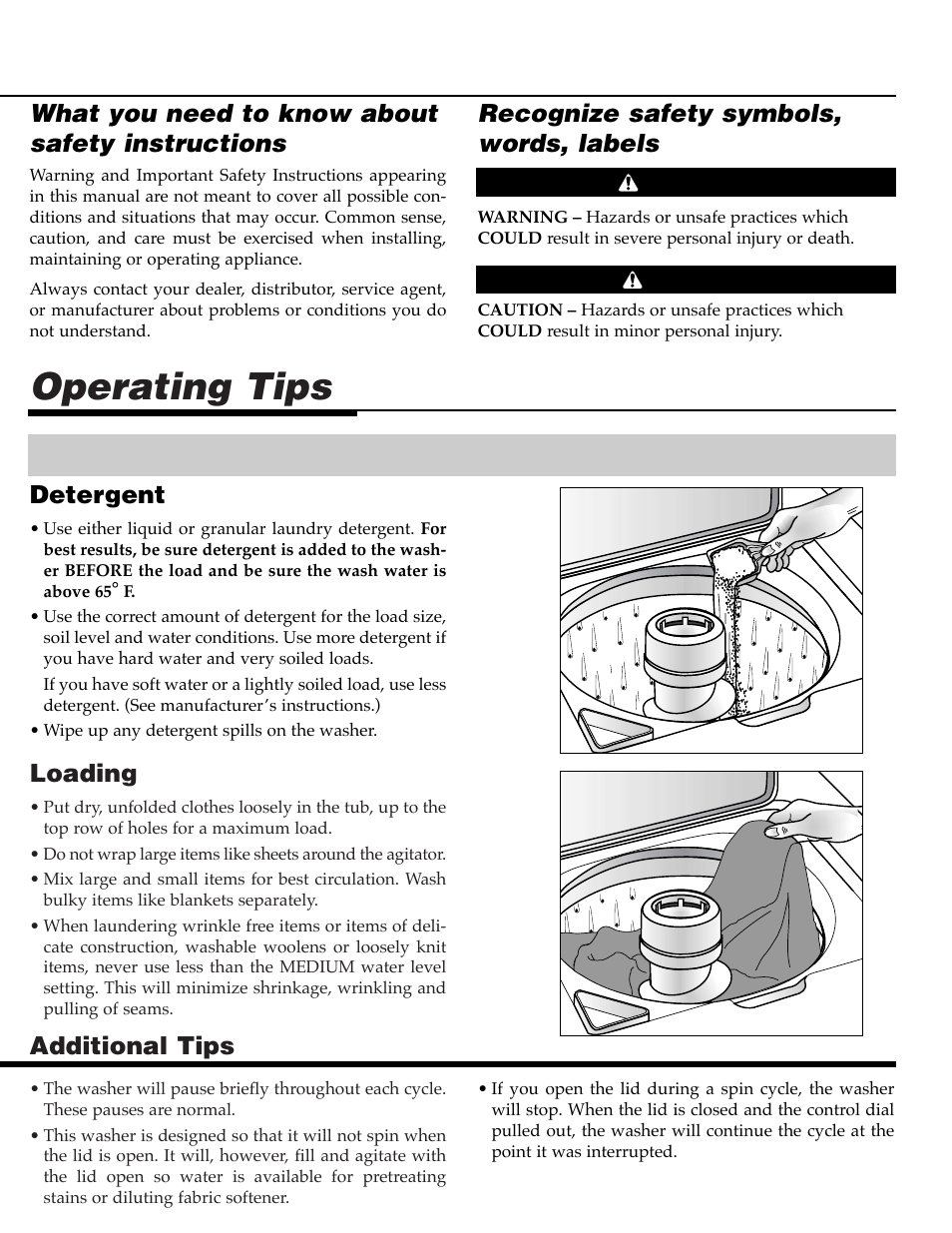 Operating tips, Loading, Additional tips | Detergent, Recognize safety symbols, words, labels, What you need to know about safety instructions | Maytag PAV5000AWW User Manual | Page 3 / 28