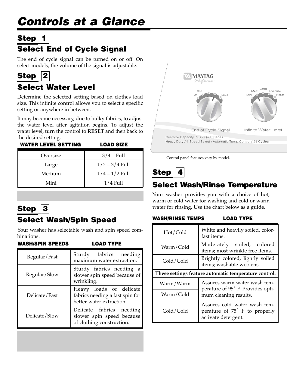 Controls at a glance, Step 4, Select end of cycle signal | Select water level, Select wash/spin speed, Step 1 step 2 step 3, Select wash/rinse temperature | Maytag PAV5000AWW User Manual | Page 4 / 28