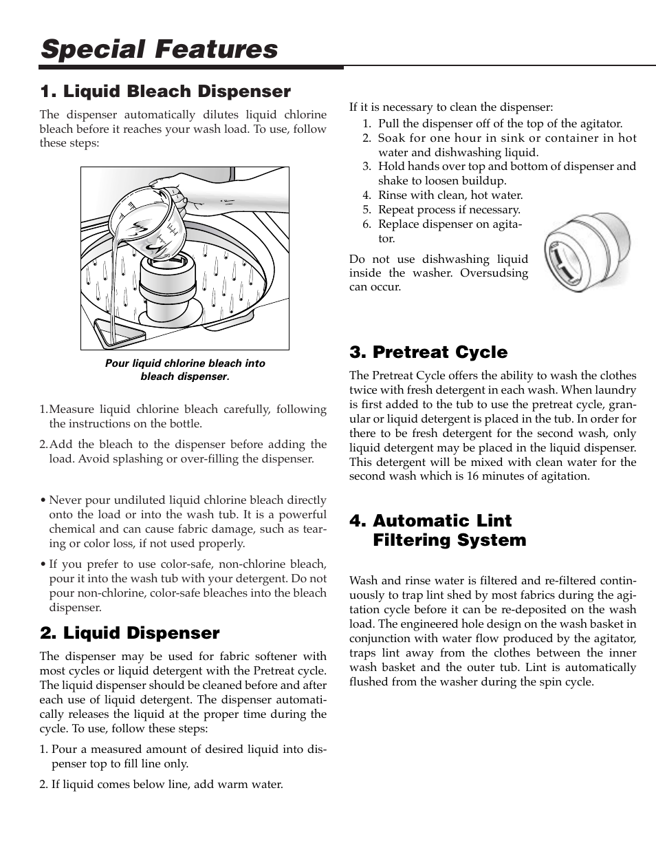 Special features, Liquid bleach dispenser, Liquid dispenser | Pretreat cycle, Automatic lint filtering system | Maytag PAV5000AWW User Manual | Page 6 / 28