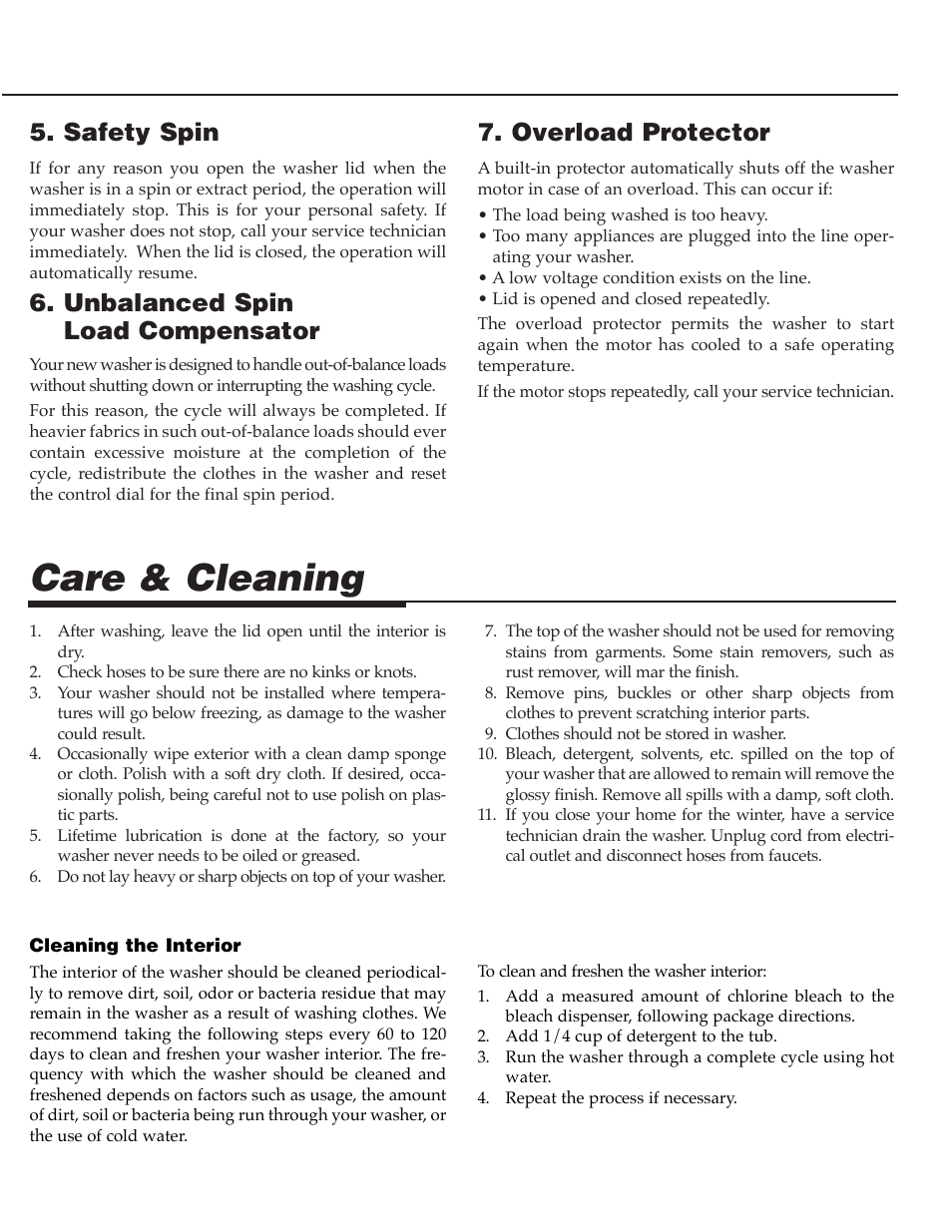 Care & cleaning, Overload protector, Safety spin | Unbalanced spin load compensator | Maytag PAV5000AWW User Manual | Page 7 / 28