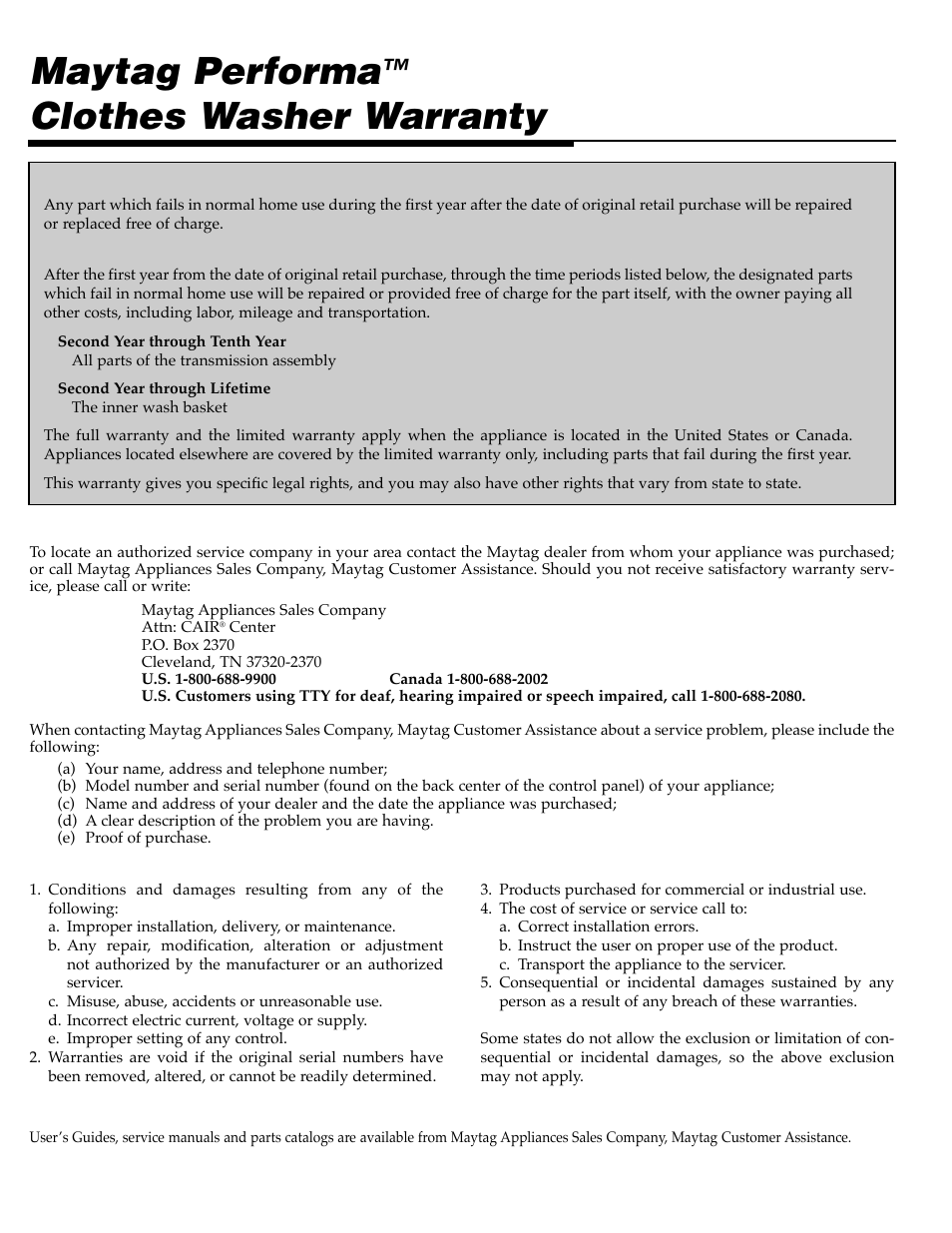 Maytag performa, Clothes washer warranty | Maytag PAV5000AWW User Manual | Page 9 / 28