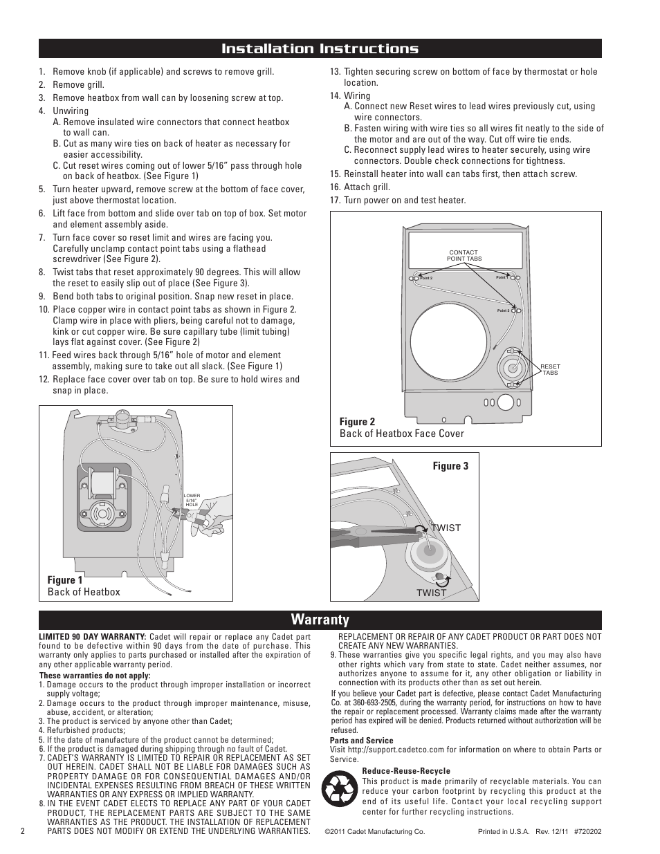 Installation instructions, Warranty | Cadet CT408 User Manual | Page 2 / 2