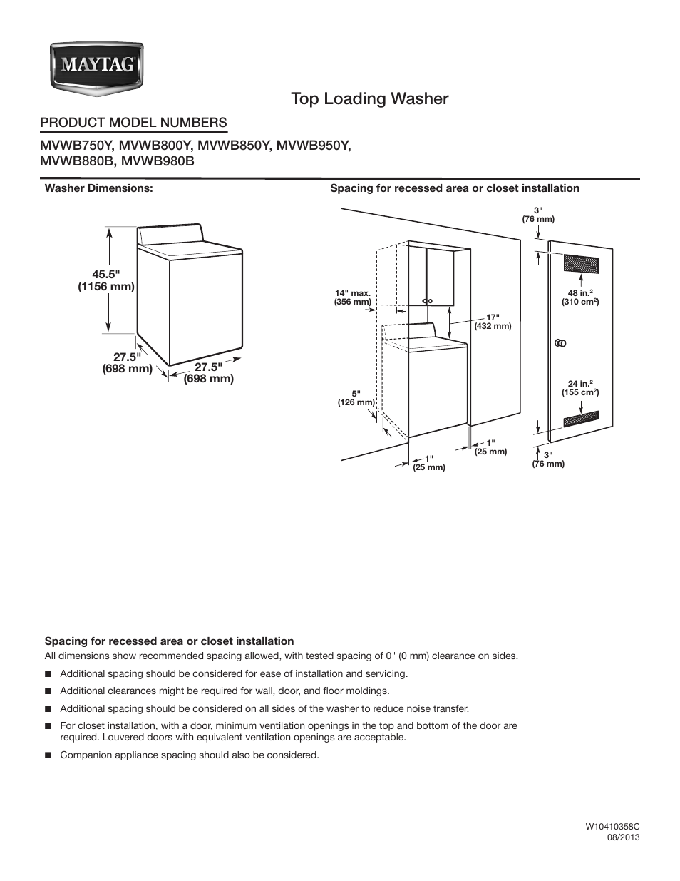 Maytag MVWB980BG Dimension Guide User Manual | 2 pages