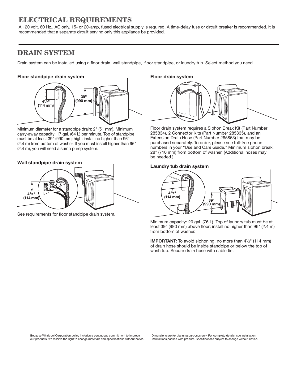 Electrical requirements, Drain system | Maytag MVWB980BG Dimension Guide User Manual | Page 2 / 2