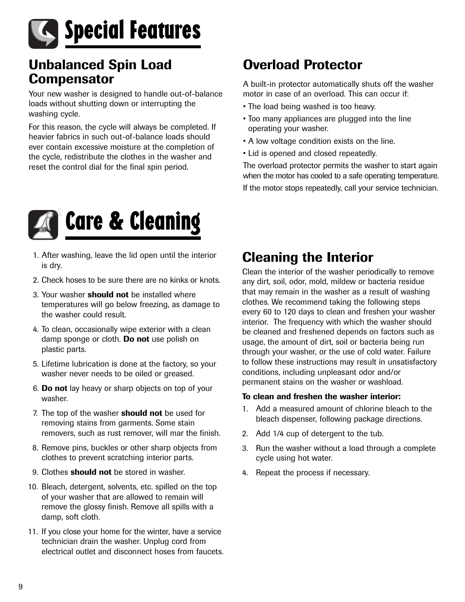 Special features, Care & cleaning, Unbalanced spin load compensator | Overload protector, Cleaning the interior | Maytag MAV5920AGW User Manual | Page 10 / 36