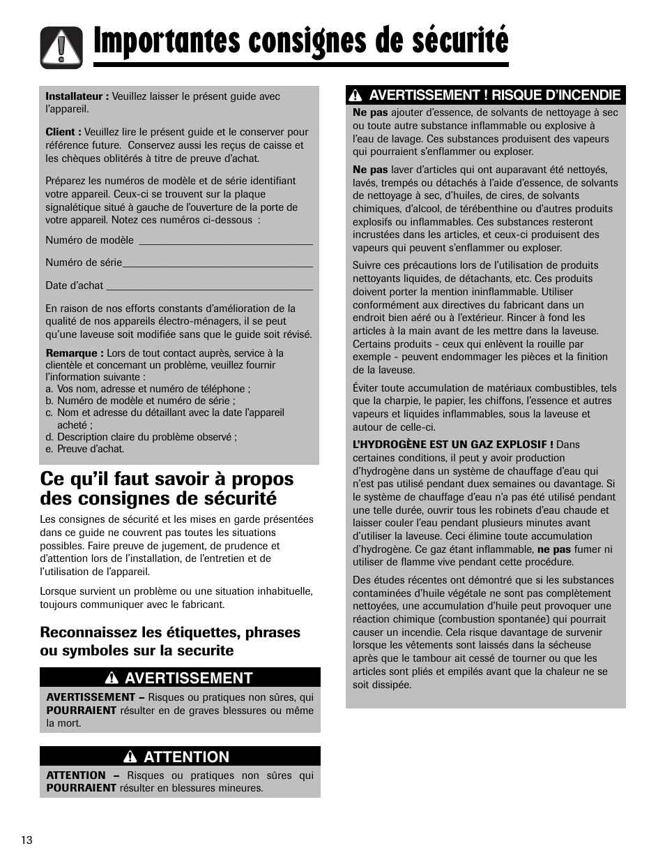 Importantes consignes de sécurité, Avertissement, Attention | Avertissement ! risque d’incendie | Maytag MAV5920AGW User Manual | Page 14 / 36