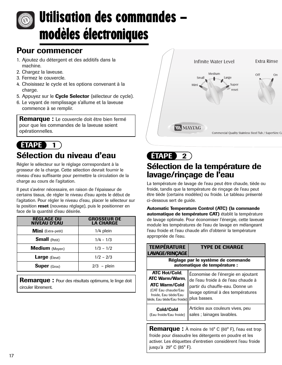 Utilisation des commandes – modèles électroniques, Pour commencer, Sélection du niveau d’eau | Étape 1, Étape 2, Remarque | Maytag MAV5920AGW User Manual | Page 18 / 36