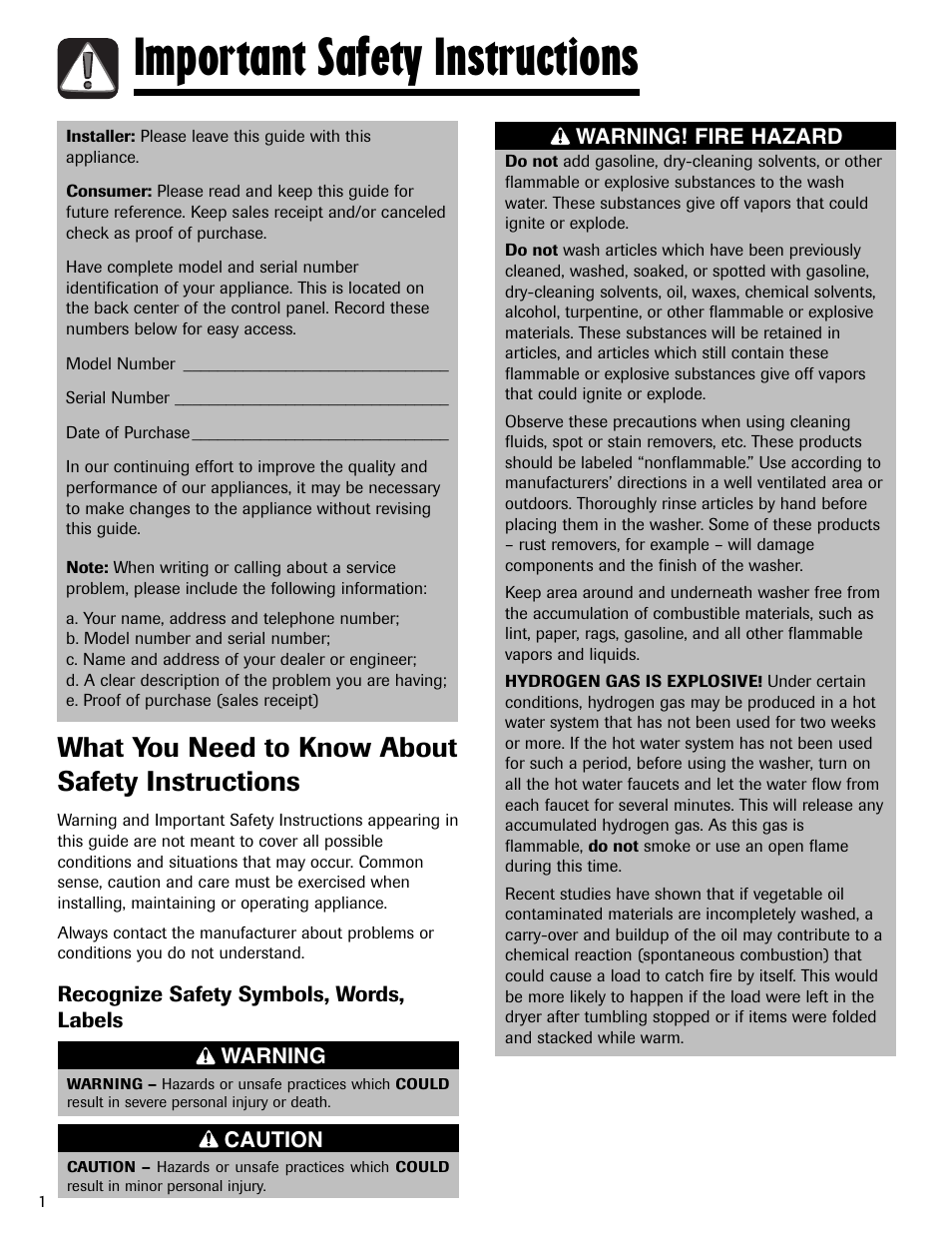 Important safety instructions, What you need to know about safety instructions, Warning | Caution, Recognize safety symbols, words, labels, Warning! fire hazard | Maytag MAV5920AGW User Manual | Page 2 / 36
