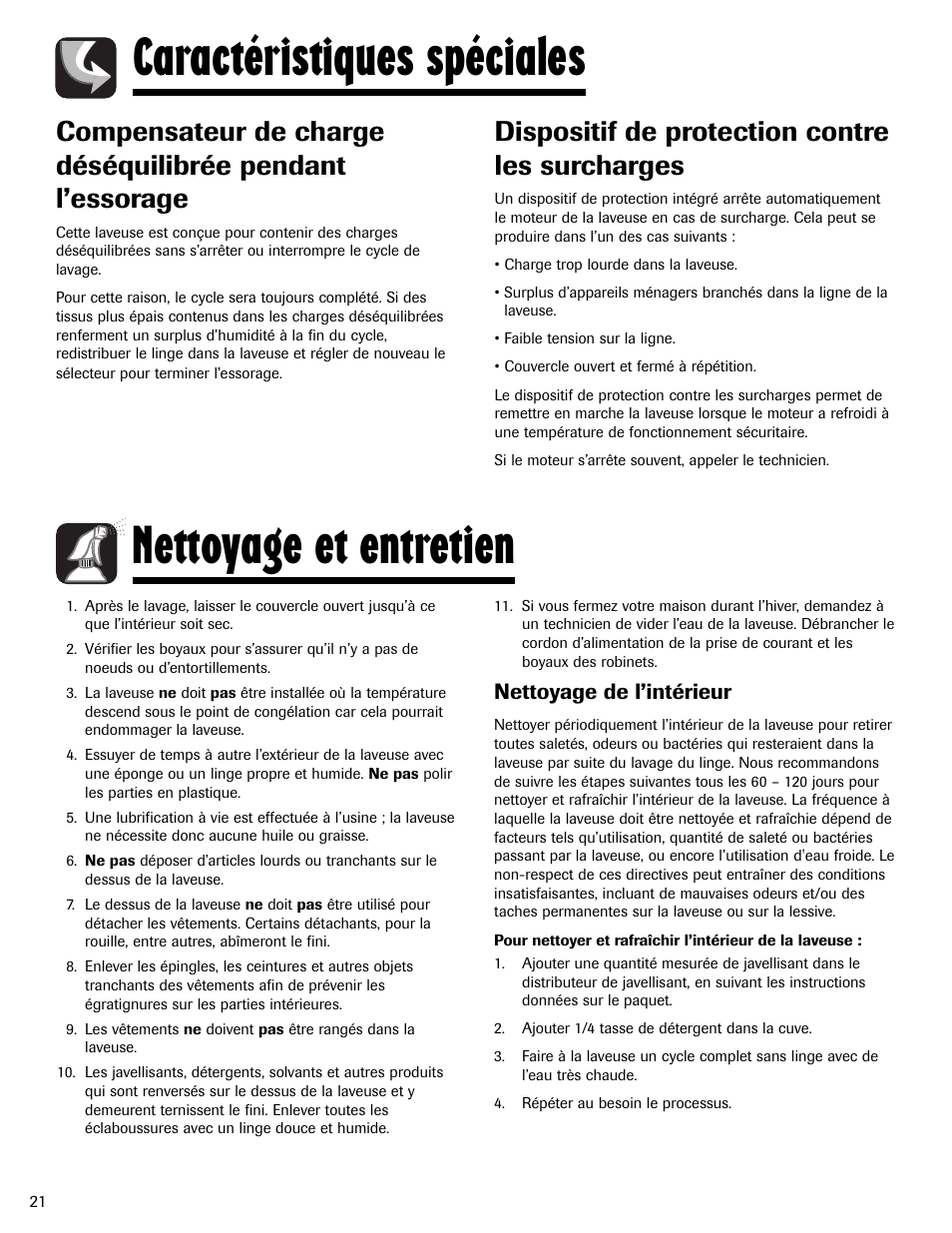 Caractéristiques spéciales, Nettoyage et entretien, Dispositif de protection contre les surcharges | Nettoyage de l’intérieur | Maytag MAV5920AGW User Manual | Page 22 / 36
