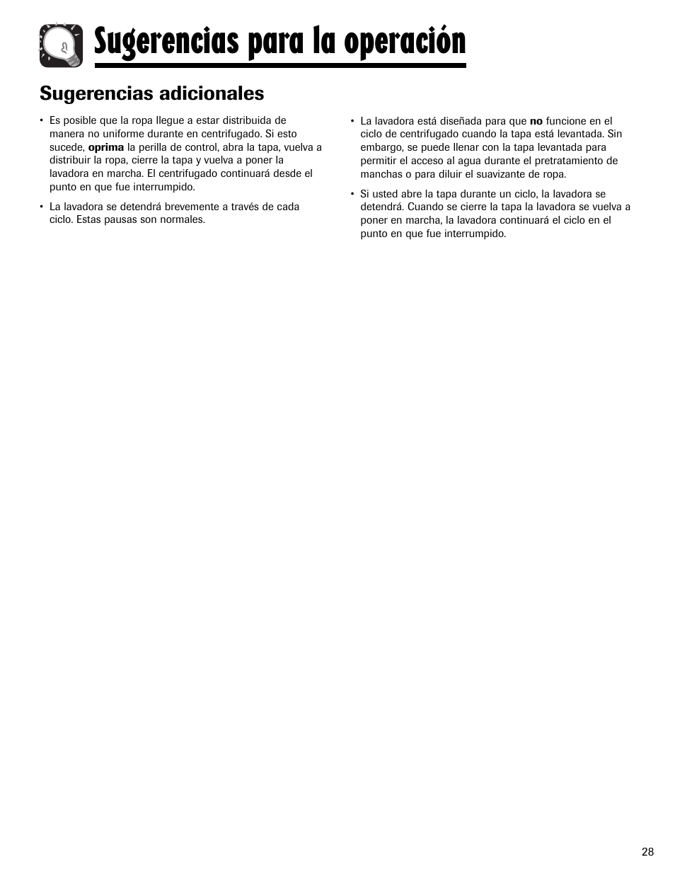 Sugerencias para la operación, Sugerencias adicionales | Maytag MAV5920AGW User Manual | Page 29 / 36