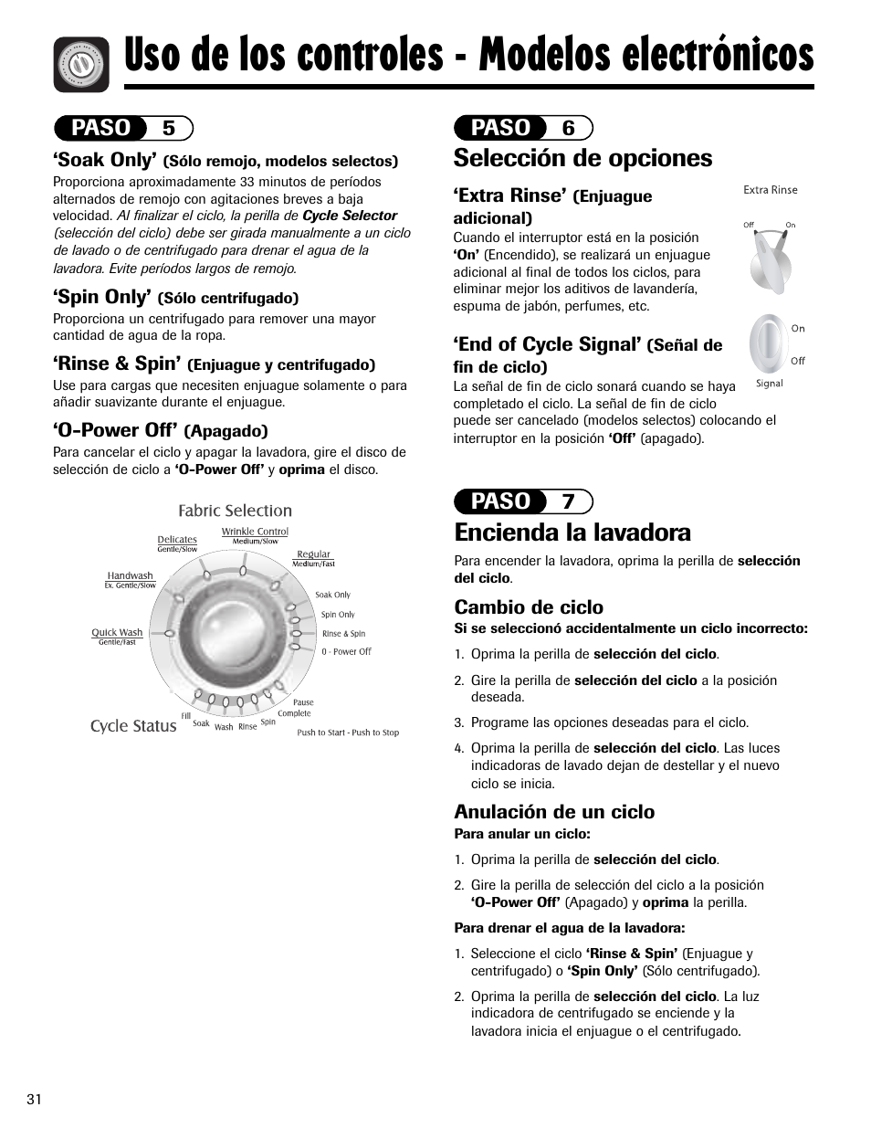 Uso de los controles - modelos electrónicos, Selección de opciones, Encienda la lavadora | Paso 6 paso 7, Paso 5 | Maytag MAV5920AGW User Manual | Page 32 / 36