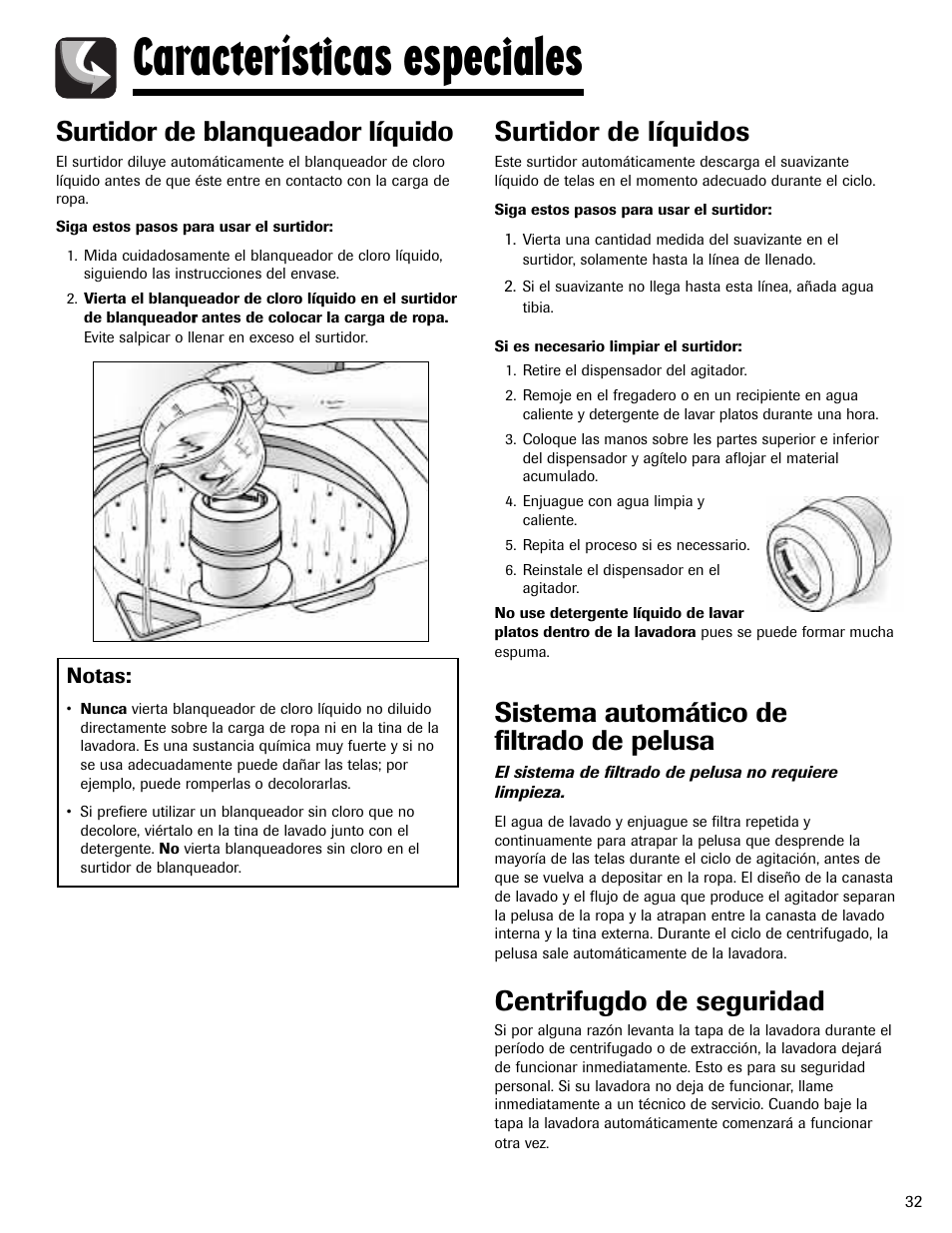 Características especiales, Surtidor de blanqueador líquido, Surtidor de líquidos | Sistema automático de filtrado de pelusa, Centrifugdo de seguridad, Notas | Maytag MAV5920AGW User Manual | Page 33 / 36