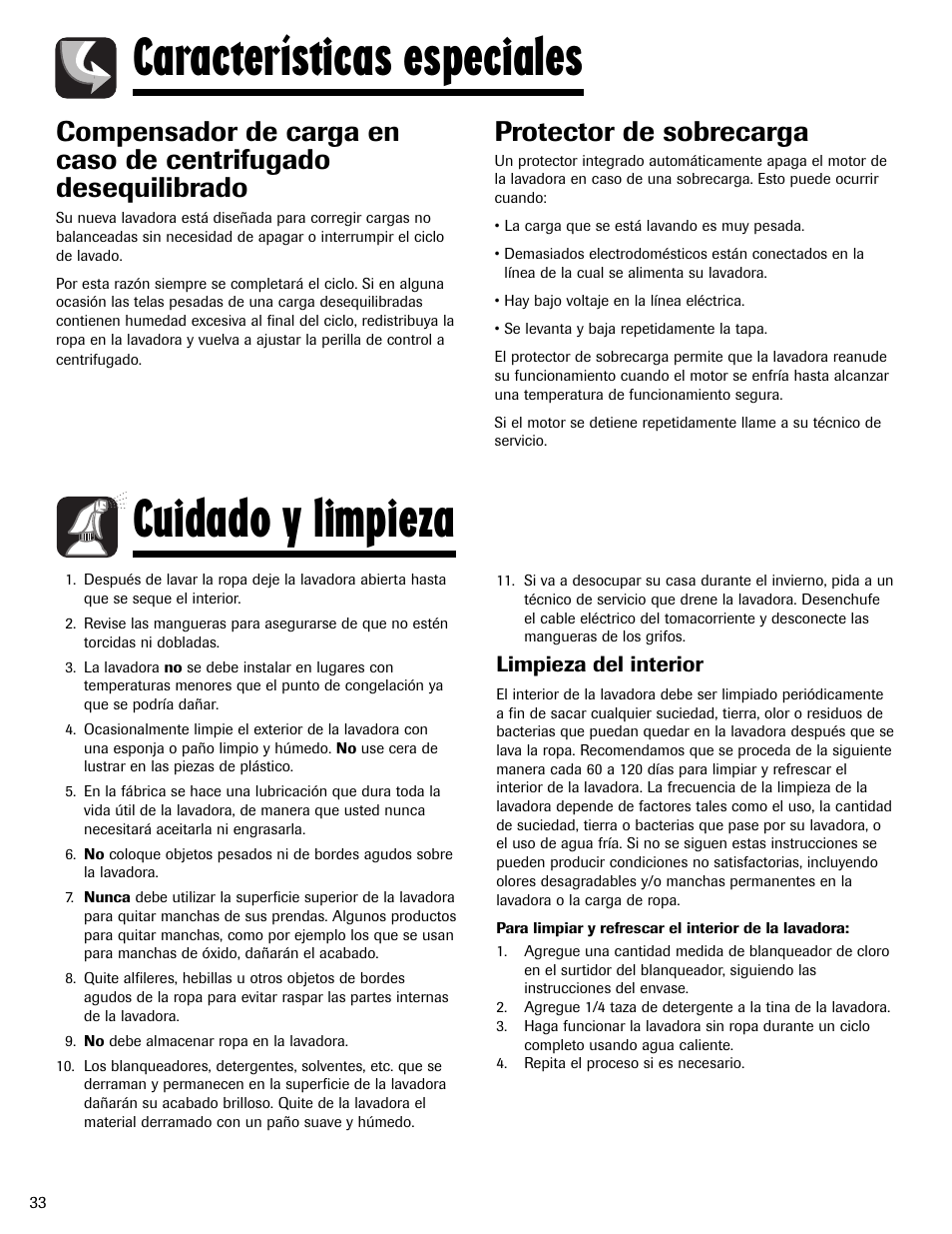 Características especiales, Cuidado y limpieza, Protector de sobrecarga | Limpieza del interior | Maytag MAV5920AGW User Manual | Page 34 / 36
