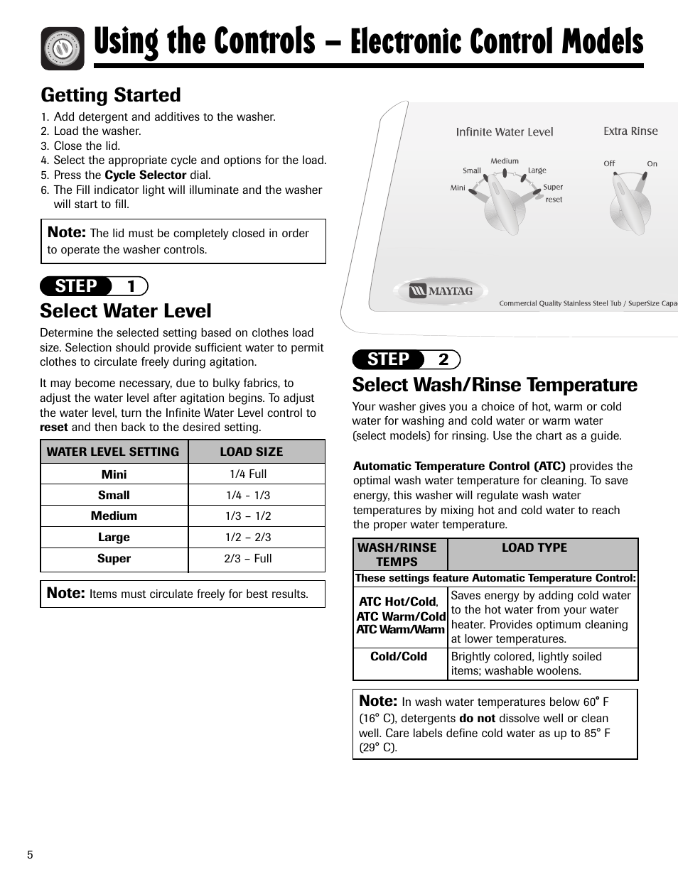 Using the controls, Electronic control models, Select wash/rinse temperature | Select water level, Getting started, Step 2, Step 1 | Maytag MAV5920AGW User Manual | Page 6 / 36