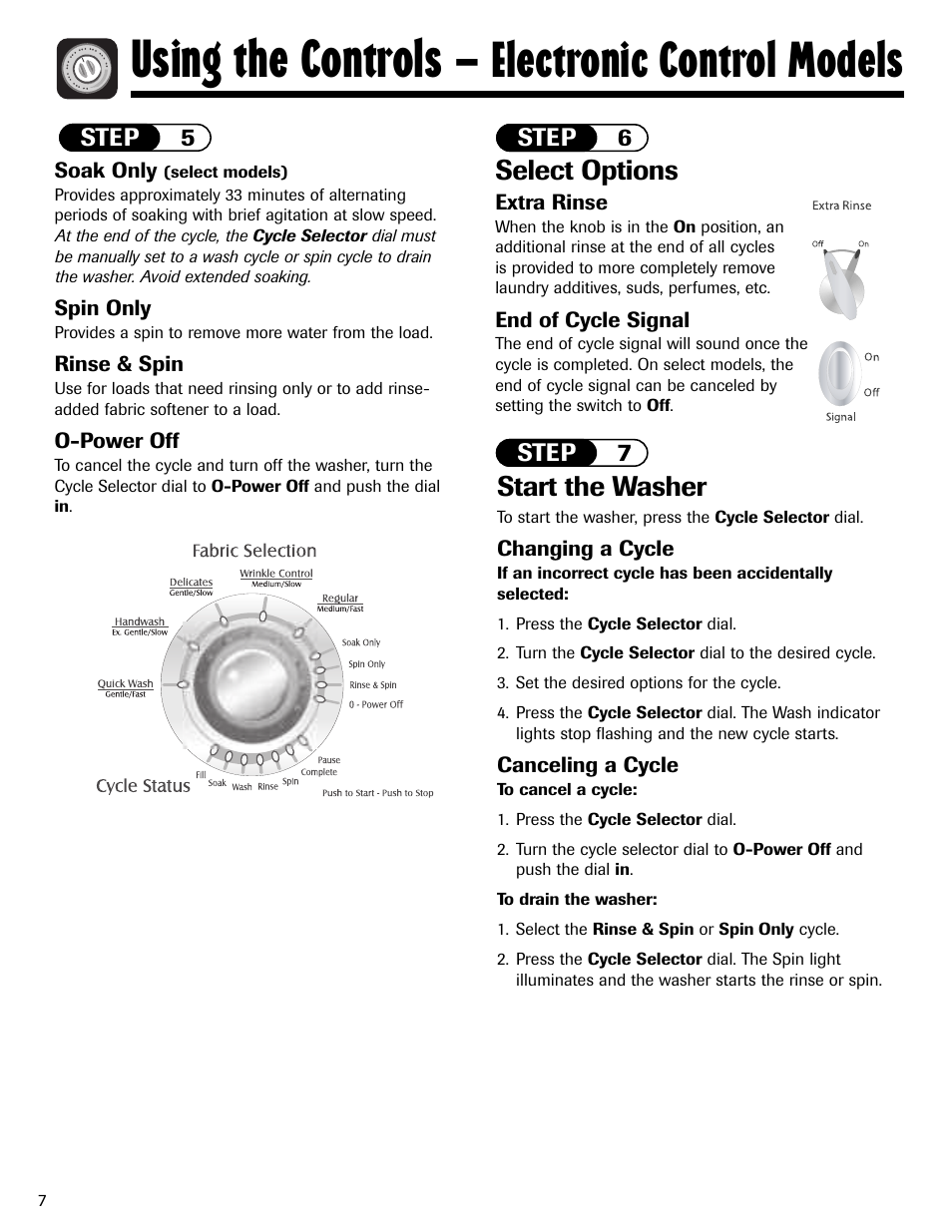 Using the controls, Electronic control models, Select options | Start the washer, Step 6 step 7, Step 5 | Maytag MAV5920AGW User Manual | Page 8 / 36