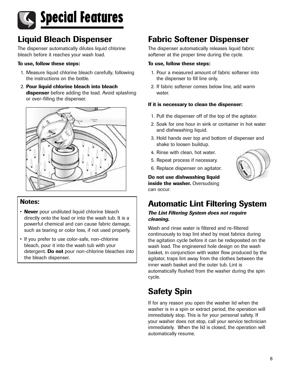 Special features, Liquid bleach dispenser, Fabric softener dispenser | Automatic lint filtering system, Safety spin | Maytag MAV5920AGW User Manual | Page 9 / 36