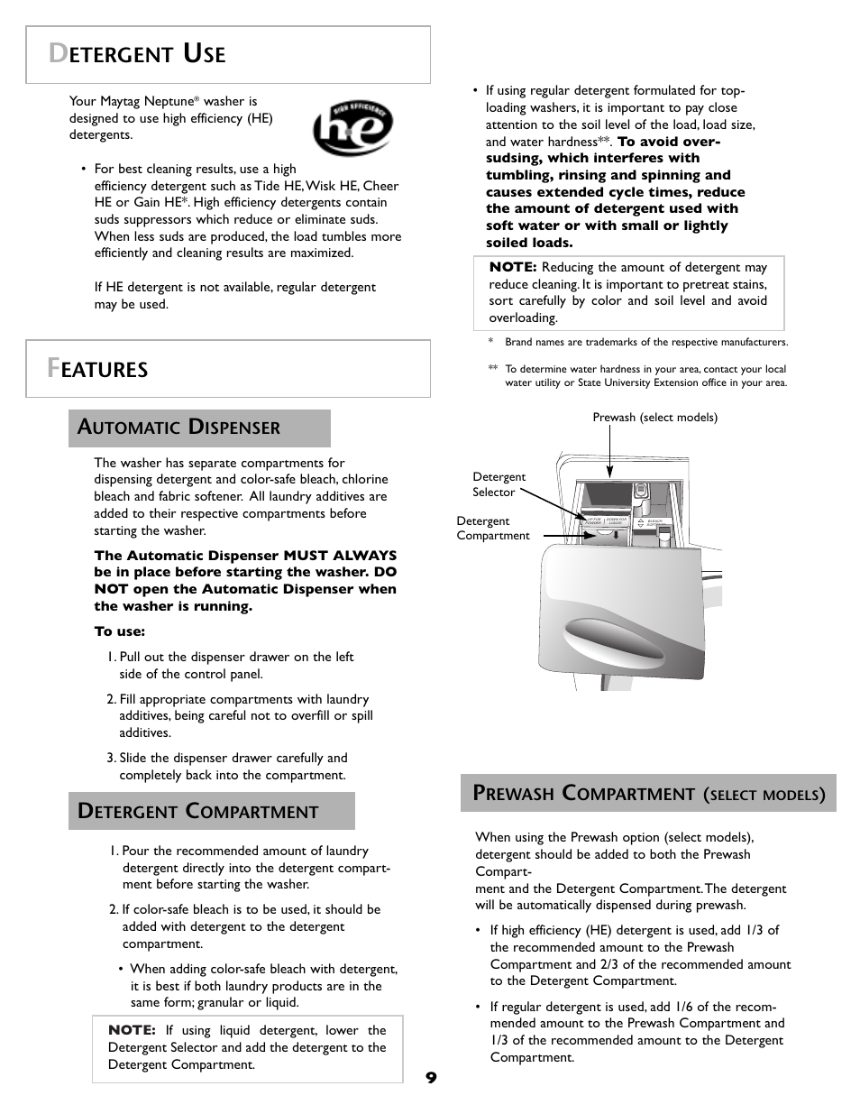 Etergent, Eatures | Maytag MAH8700AWM User Manual | Page 10 / 52