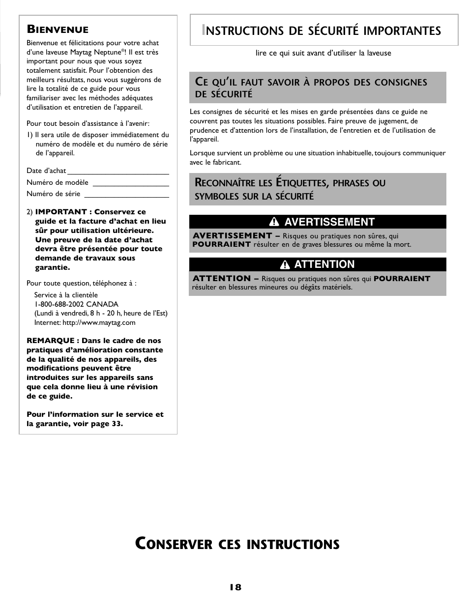 Onserver ces instructions, Nstructions de sécurité importantes, Avertissement attention | Maytag MAH8700AWM User Manual | Page 19 / 52