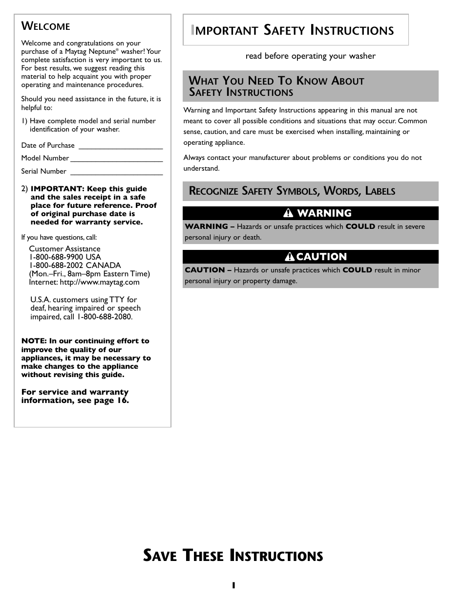 Hese, Nstructions, Mportant | Afety | Maytag MAH8700AWM User Manual | Page 2 / 52