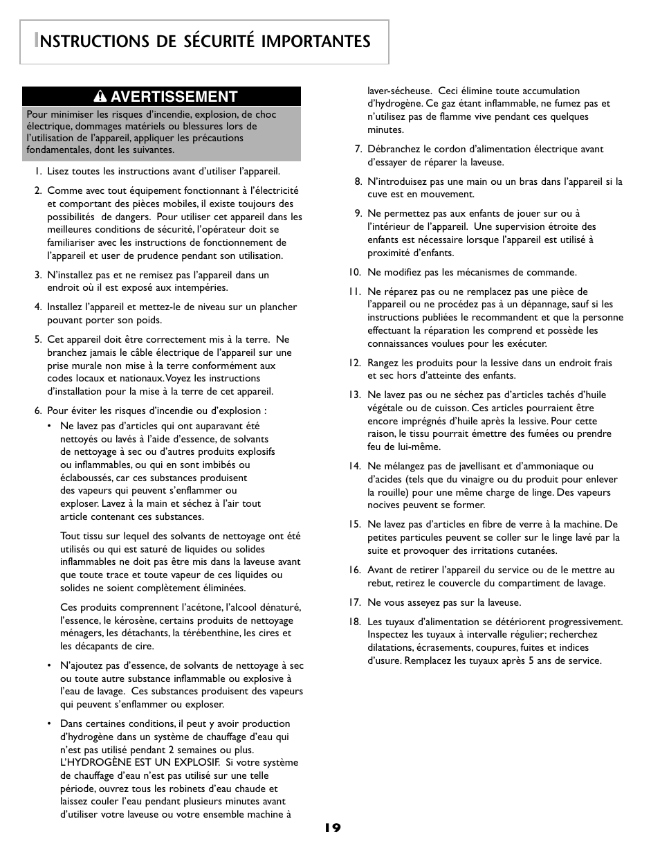 Nstructions de sécurité importantes, Avertissement | Maytag MAH8700AWM User Manual | Page 20 / 52