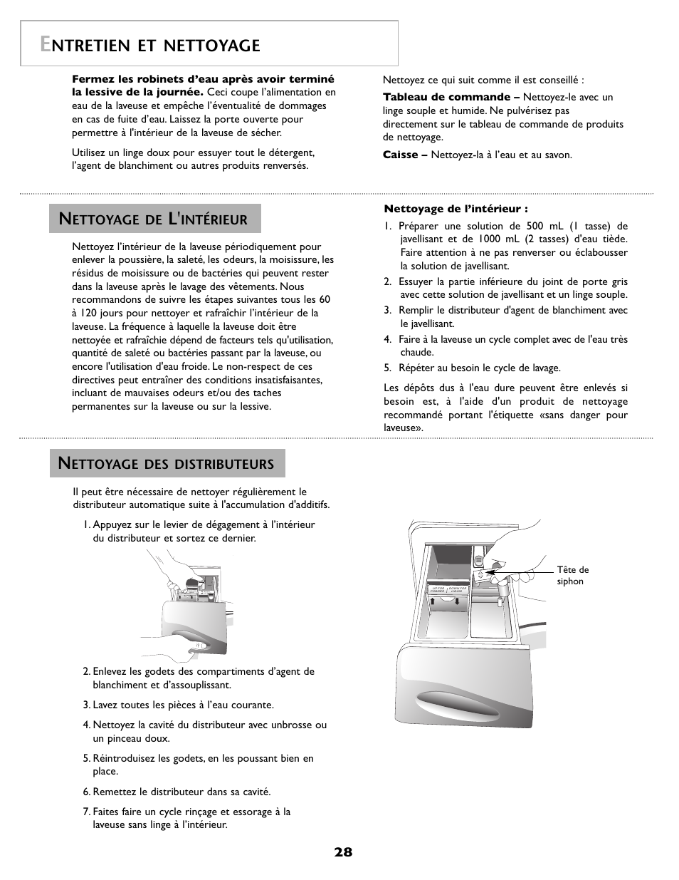 Ntretien et nettoyage, Ettoyage de, Intérieur | Ettoyage des distributeurs | Maytag MAH8700AWM User Manual | Page 29 / 52