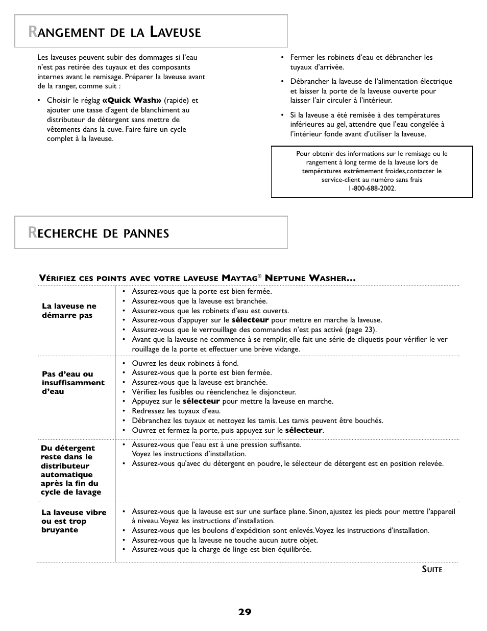 Echerche de pannes, Angement de la, Aveuse | Maytag MAH8700AWM User Manual | Page 30 / 52