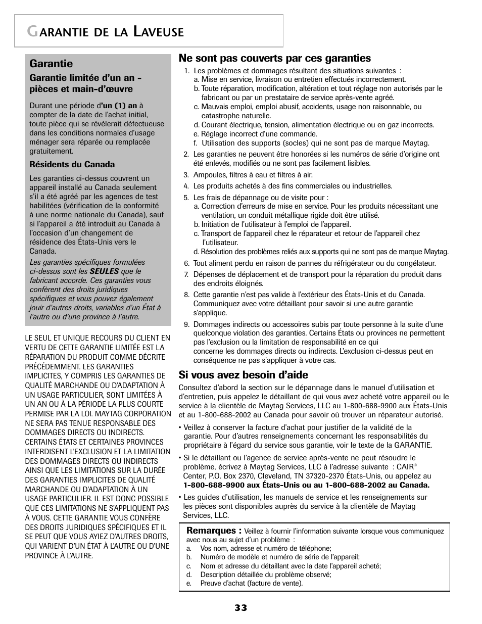 Arantie de la, Aveuse, Garantie | Ne sont pas couverts par ces garanties, Si vous avez besoin d’aide | Maytag MAH8700AWM User Manual | Page 34 / 52