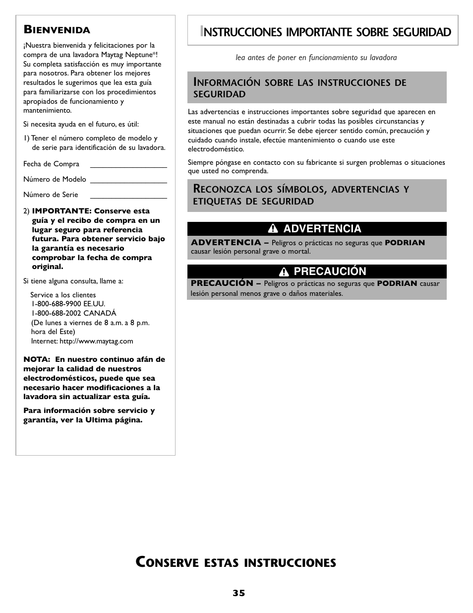 Nstrucciones importante sobre seguridad, Onserve estas instrucciones, Advertencia precaución | Maytag MAH8700AWM User Manual | Page 36 / 52