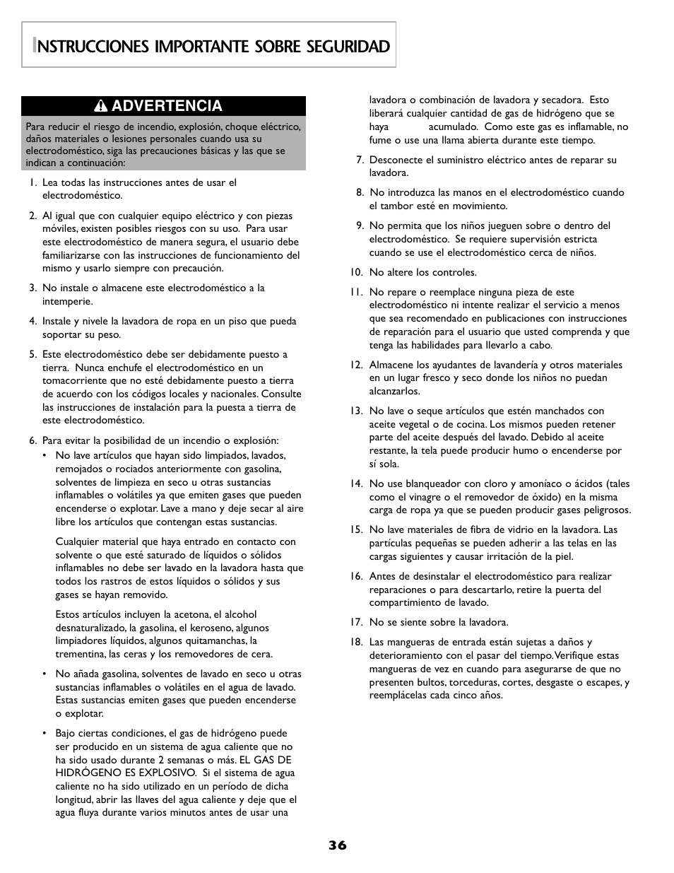 Nstrucciones importante sobre seguridad, Advertencia | Maytag MAH8700AWM User Manual | Page 37 / 52